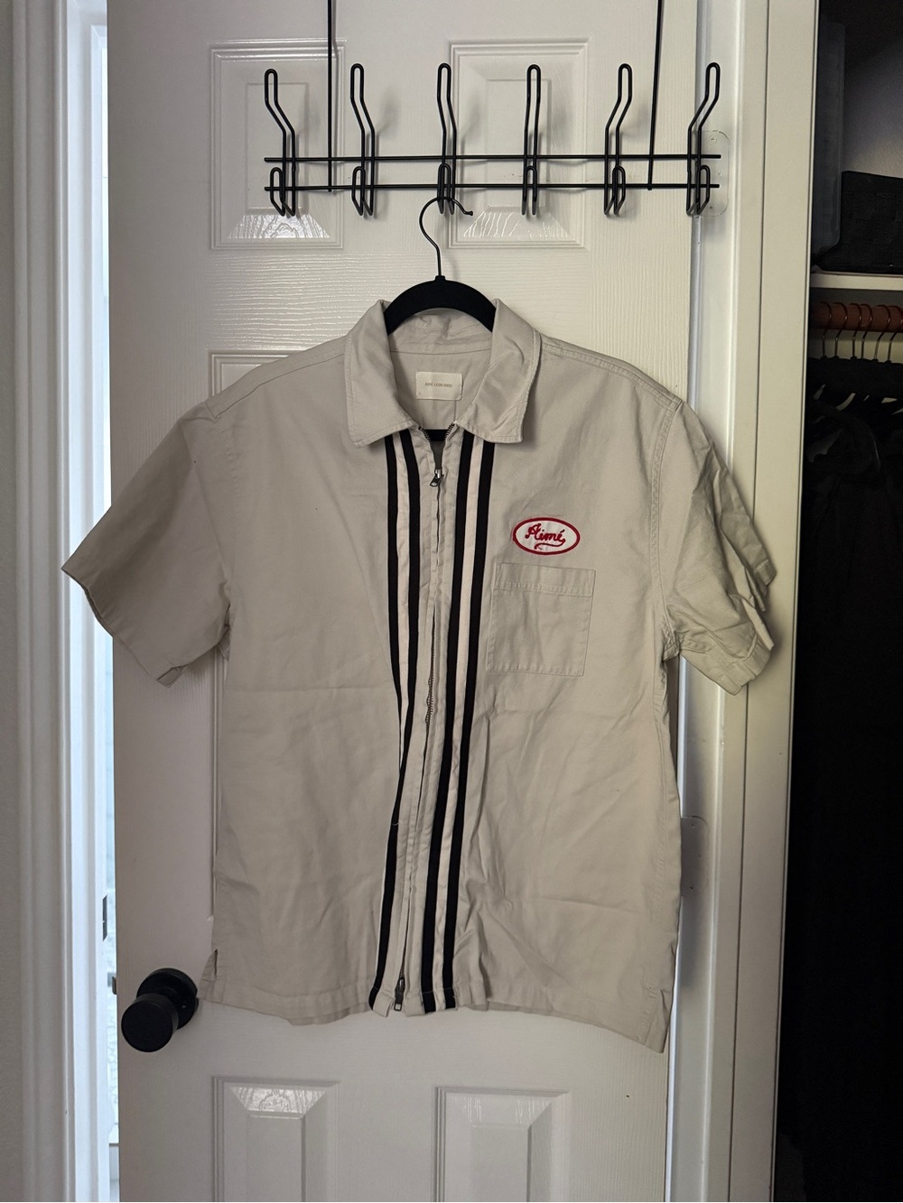 Aime Leon Dore Beige Short-Sleeve Button-Down with Black Stripe Trim